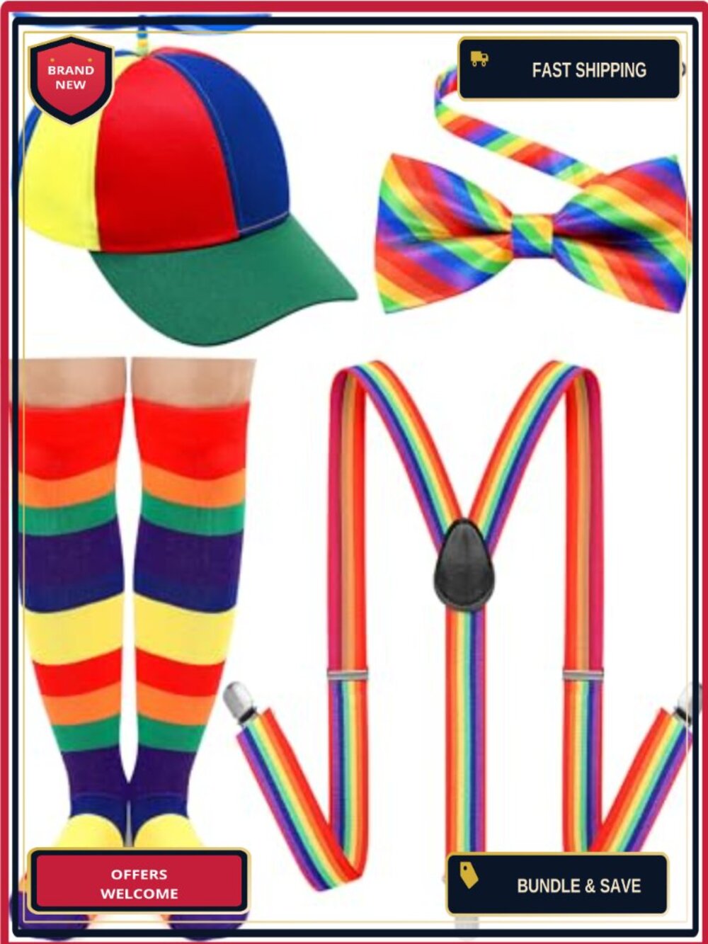 4 Pc Clown Costume Set Propeller Hat Y Back Suspenders Bow Tie Socks Adult